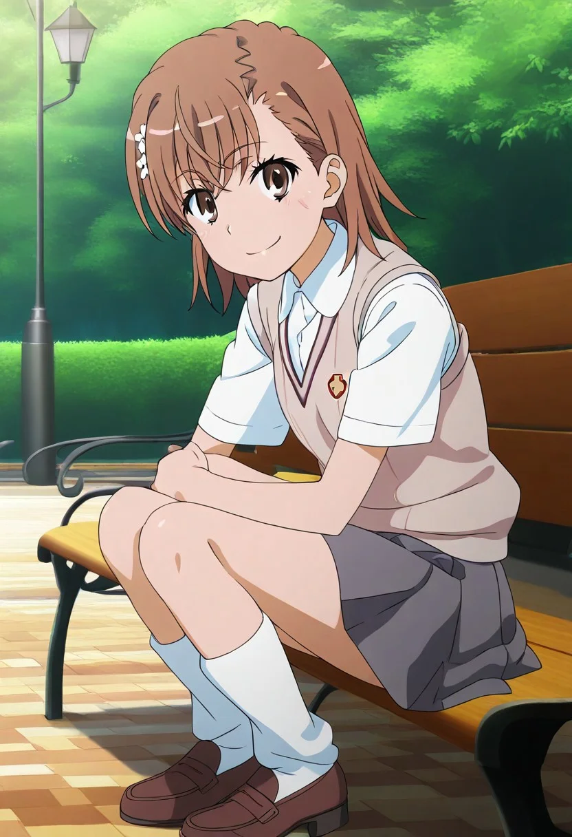 masterpiece, best quality, absurdres, highres, intricate details, very aesthetic, on-model, accurate art style, anime screencap, anime coloring, show accurate, cartoon screencap, movie accurate, official screencap, style parody, flat colors, official art, proper proportions, extremely detailed, newest, 2024, BREAK, 1girl, misaka mikoto, short hair, brown hair, hair ornament, hair flower, school uniform, tokiwadai school uniform, white shirt, brown sweater vest, short sleeves, v-neck, skirt, white socks, loafers, brown loafers, shoes, BREAK, smiling, looking at viewer, BREAK, detailed background, outdoors, park, lamp, bench, BREAK, vibrant colors, cinematic lighting, 75% soft lighting, 25% dark lighting