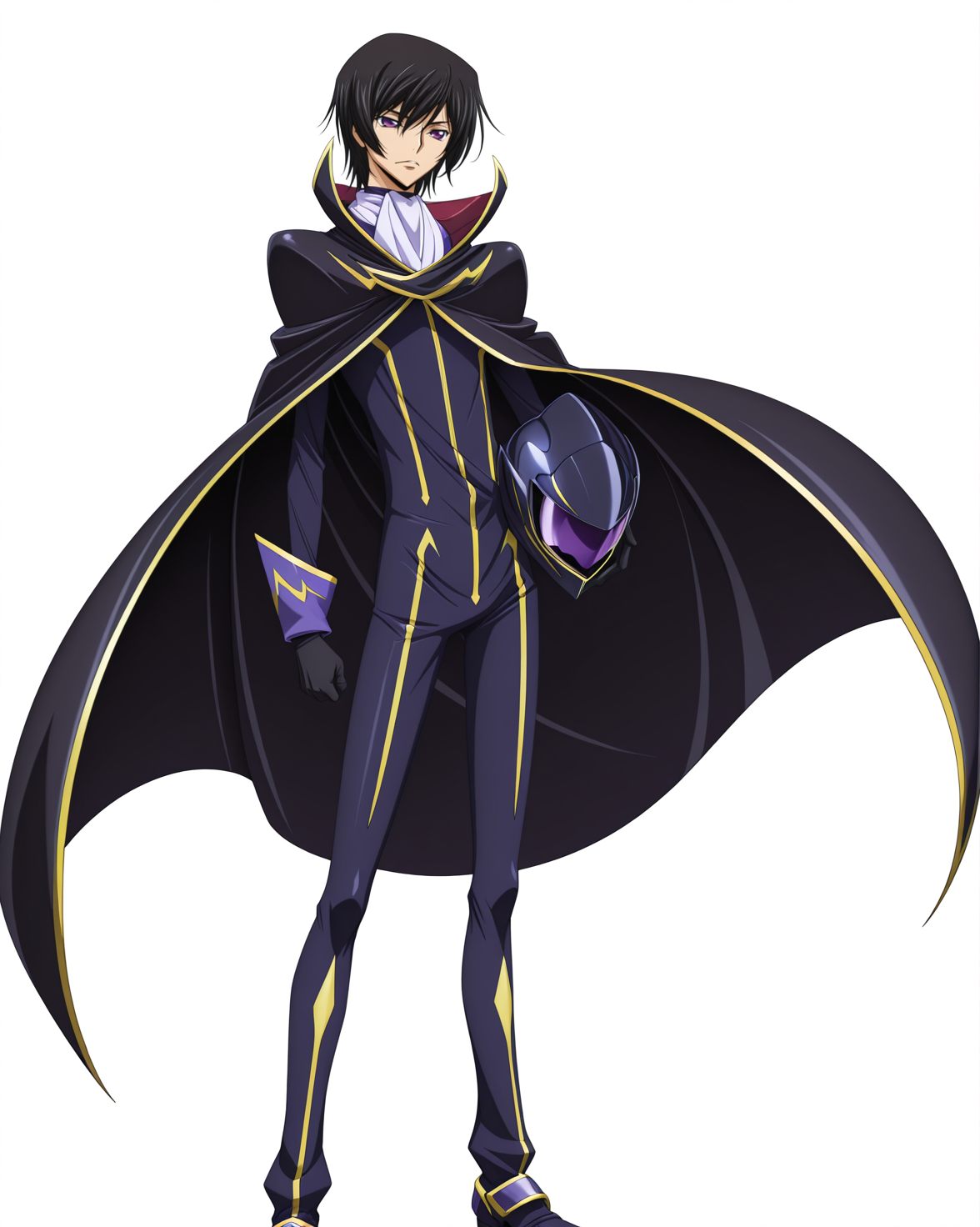 anime coloring,anime screencap,
highres,best quality,masterpiece,
shiny skin,
BREAK
<lora:transparent-background-illustriousxl-lora-nochekaiser:1>,transparent background,simple background,white background,
BREAK
<lora:Lelouch_vi_Britannia_Zero_Code_Geass:1>,
LeluBritish,LelZero,
1boy,solo,male focus,purple eyes,black hair,
long sleeves,gloves,black gloves,cape,uniform,bodysuit,helmet,black cape,unworn helmet,holding helmet,ascot,
standing,full body,
