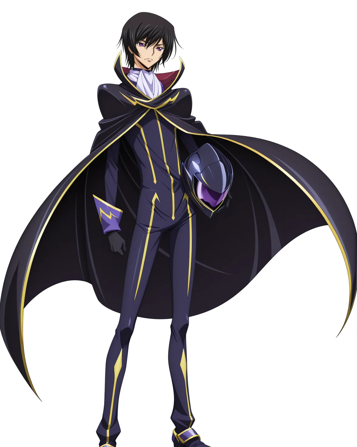 anime coloring,anime screencap,
highres,best quality,masterpiece,
shiny skin,
BREAK
<lora:transparent-background-illustriousxl-lora-nochekaiser:1>,transparent background,simple background,white background,
BREAK
<lora:Lelouch_vi_Britannia_Zero_Code_Geass:1>,
LeluBritish,LelZero,
1boy,solo,male focus,purple eyes,black hair,
long sleeves,gloves,black gloves,cape,uniform,bodysuit,helmet,black cape,unworn helmet,holding helmet,ascot,
standing,full body,