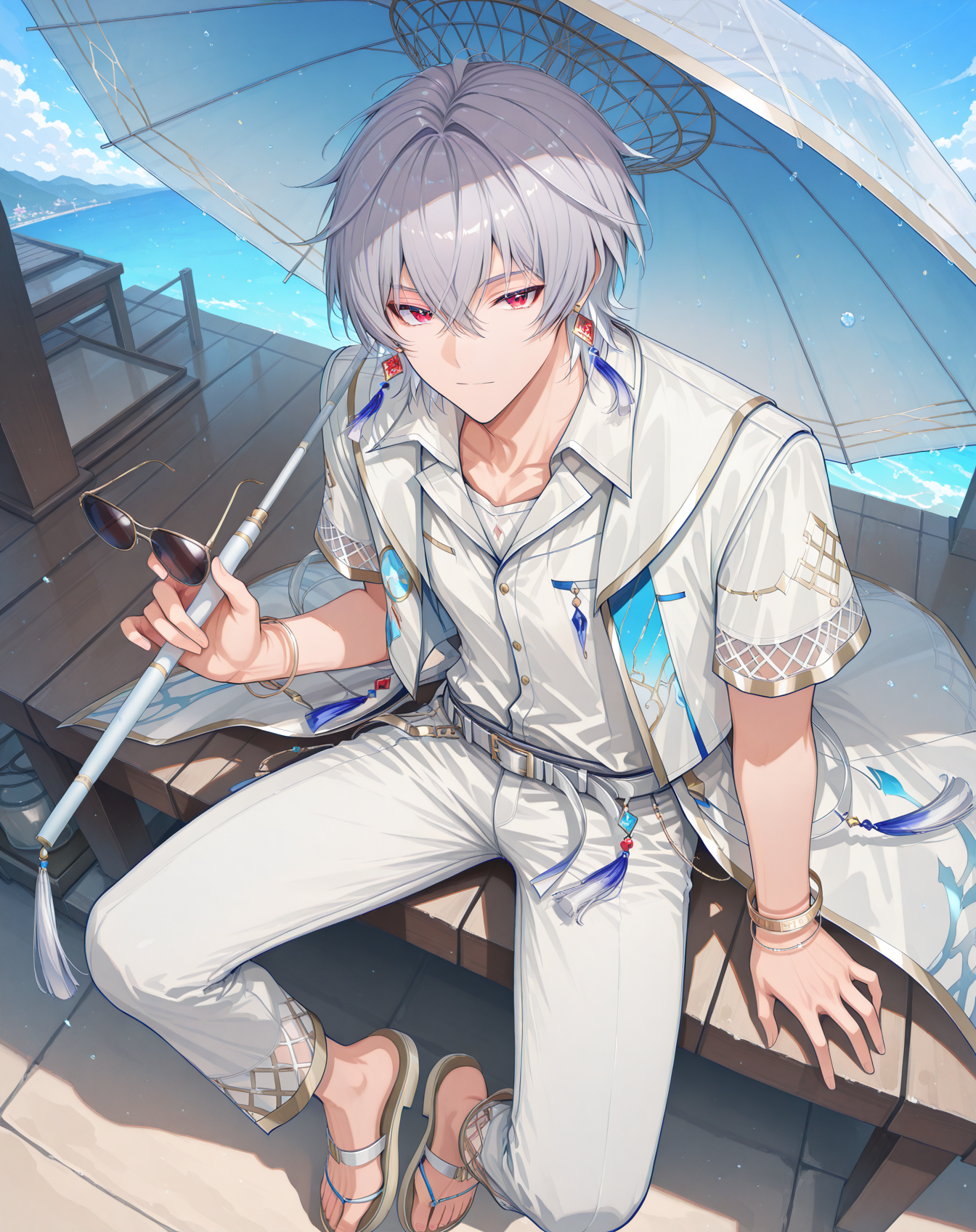 masterpiece, best quality, absurdres, very aesthetic,
1boy, solo, yaoi, male focus,
full body, from above, sitting, close-up, looking at viewer,
<lora:AsinT_Summer_ilxl:1> asintsummer, red eyes, short hair, grey hair, hair between eyes,
white pants, white shirt, belt, unworn eyewear, sandals, holding umbrella, short sleeves, collared shirt, tassel, sunglasses, white jacket, white coat,
jewelry, earrings, bracelet, toenails,
outdoors, day, blue sky,