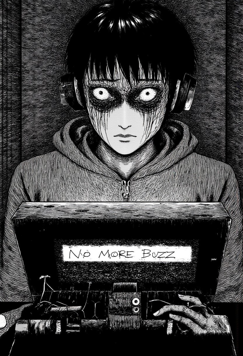 A monochrome picture int he style of Junji Ito's Uzumaki. A Video Game Streamer wearing a hoodie and headphones sits in front of a computer in monochrome jitostyle. He's staring back at the viewer with a dead look in his eyes. On the screen of the computer is a message that says "No More Buzz" in bold letters