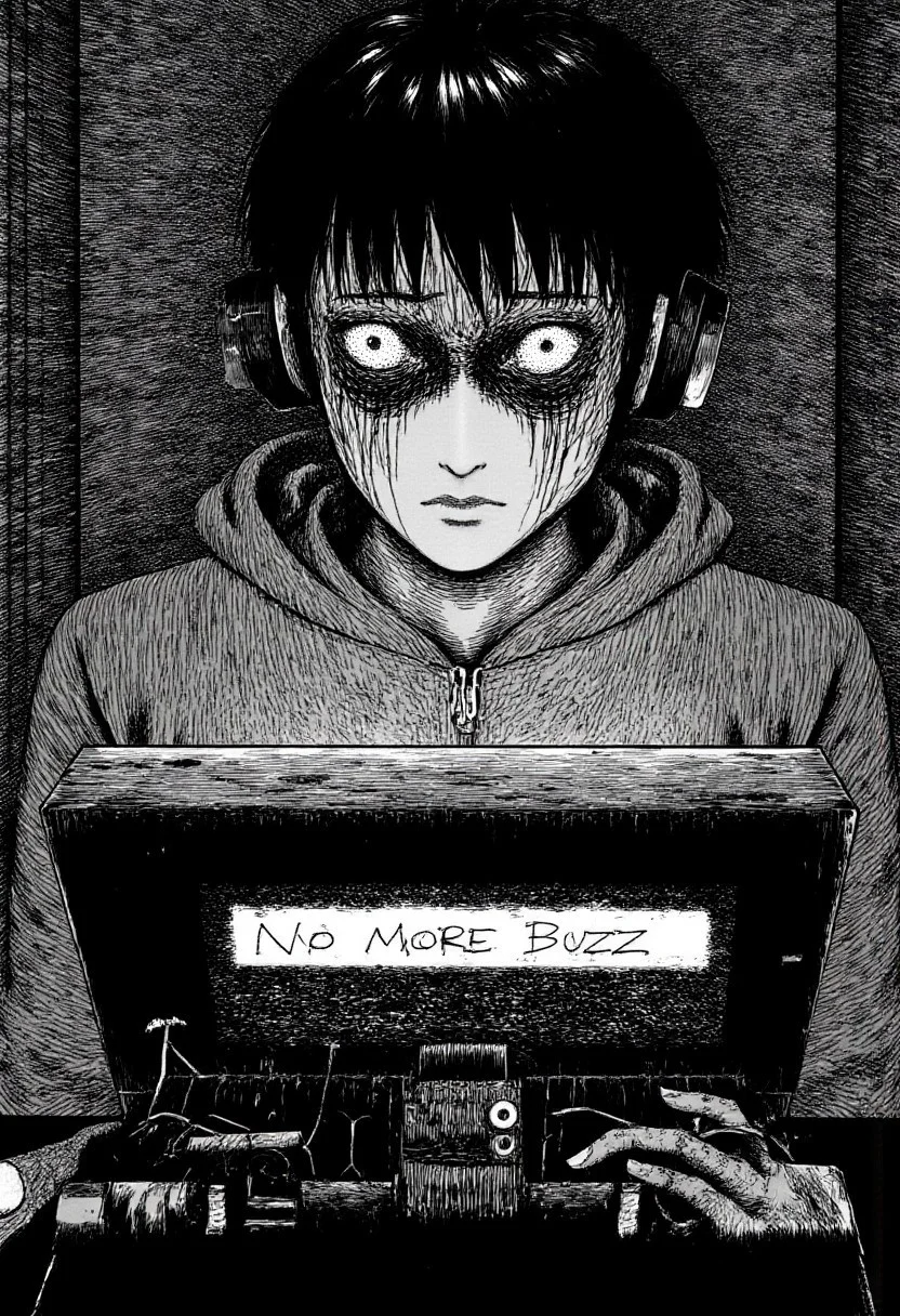 A monochrome picture int he style of Junji Ito's Uzumaki. A Video Game Streamer wearing a hoodie and headphones sits in front of a computer in monochrome jitostyle. He's staring back at the viewer with a dead look in his eyes. On the screen of the computer is a message that says "No More Buzz" in bold letters