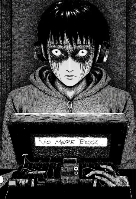 A monochrome picture int he style of Junji Ito's Uzumaki. A Video Game Streamer wearing a hoodie and headphones sits in front of a computer in monochrome jitostyle. He's staring back at the viewer with a dead look in his eyes. On the screen of the computer is a message that says "No More Buzz" in bold letters