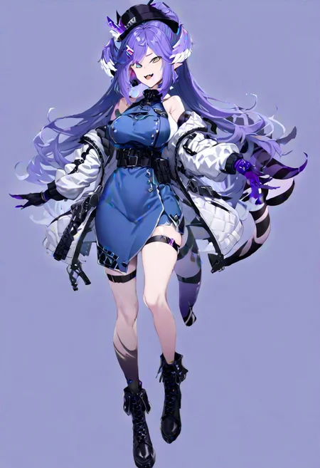 masterpiece, best quality, ultra-detailed, beautiful, nai3, 1girl, solo, full_body, tachi-e,
selen tatsuki, boots, dress, tail, dragon tail, hat, blue dress, official alternate costume, dragon girl, sleeveless, ponytail, belt, smile, gloves, long hair, breasts, open mouth, very long hair, thigh strap, simple background, hair ornament, jacket, bangs, hairclip, fang, wings, black footwear, looking at viewer, black belt, pointy ears,