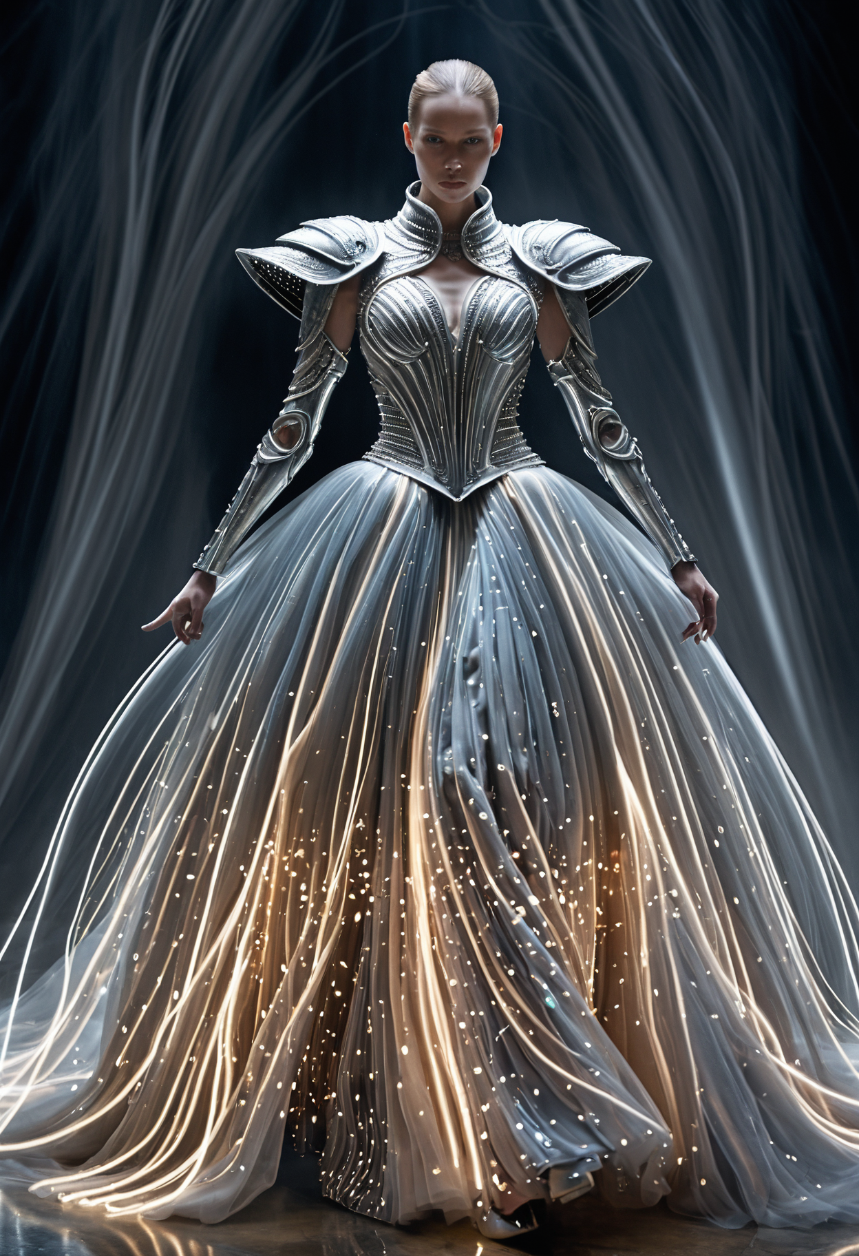 Long exposure photo of <lora:Alexander McQueen-concept art-000005:1>, alexander mcqueen, concept art, armor dress . Blurred motion, streaks of light, surreal, dreamy, ghosting effect, highly detailed