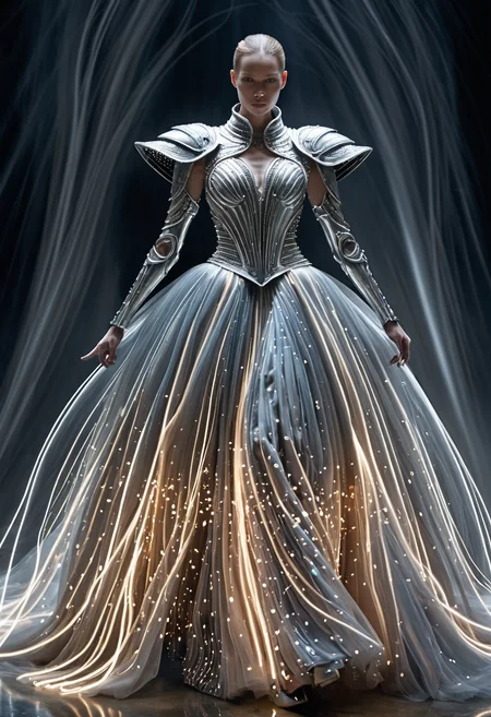 Long exposure photo of <lora:Alexander McQueen-concept art-000005:1>, alexander mcqueen, concept art, armor dress . Blurred motion, streaks of light, surreal, dreamy, ghosting effect, highly detailed