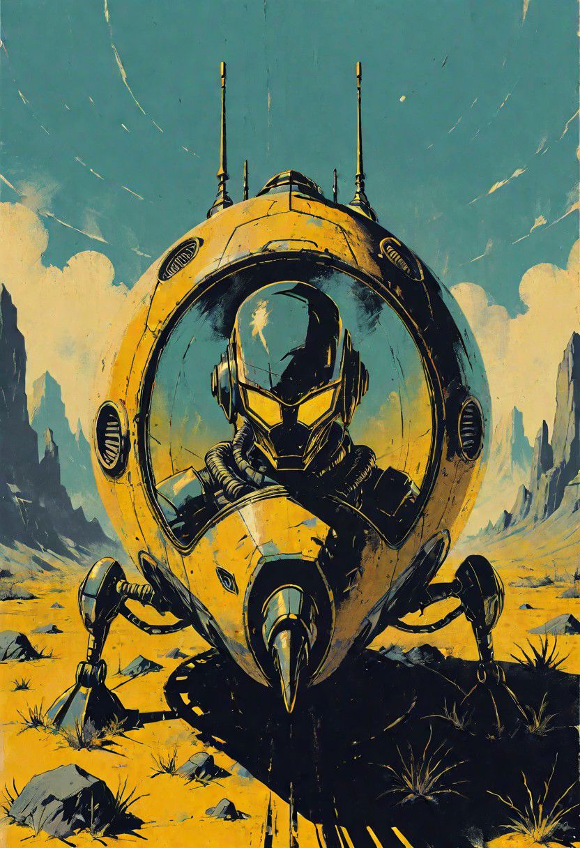 a stylized vintage robot riding a futuristic pod in an alien landscape, western, hyper detailed, sci fi, minimalist_sci-fi_dystopia