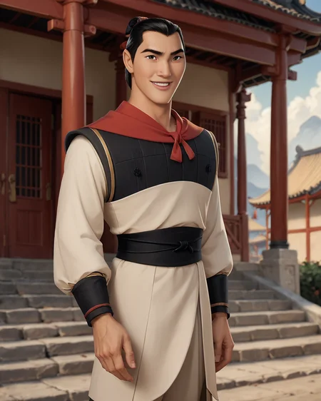 score_9, score_8_up, score_7_up, intricate details, rating_questionable,
<lora:Li_Shang_-_Mulan:1>,
<lora:homri52:0.8>,
1boy(lishang, uniform, standing at attention in a barracks yard, smiling, solo, cowboy shot, looking at the viewer), outdoors, sunshine, summer
, ancient china, detailed background, depth of field, subsurface scattering,
<lora:xl_more_art-full_v1:0.3>,
<lora:add-detail-xl:0.3>