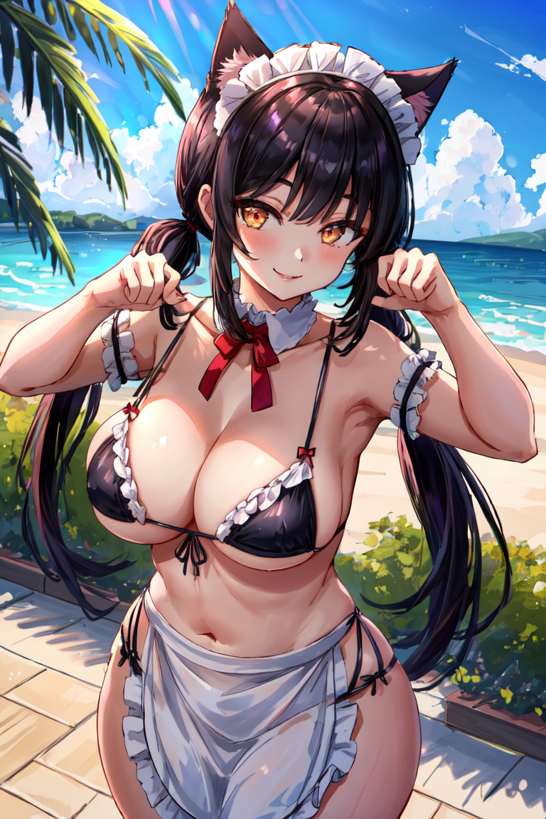 1girl, twintails, bangs,black hair, orange eyes,  looking at viewer, light smile, lips, cat ears, paw pose, outdoors, maid bikini, maid headdress, standing, curvy, curvy, maid apron,