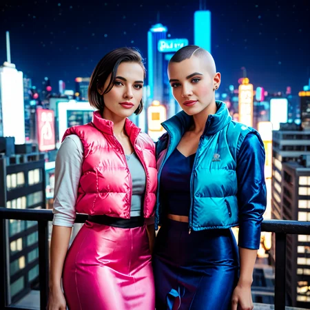 score_9, score_8_up, score_7_up,  professional 40 year old british women wearing (pink and blue  cropped_puffer_vest_neon jacket),Buzz cut  unique hair style, sexy, fully dressed, (satin dress)  dramatic lighting, blushing, , after a long day of work,  at night, dark,cityscape scene
 <lora:pony_cropped_puffer_jacket:0.6>