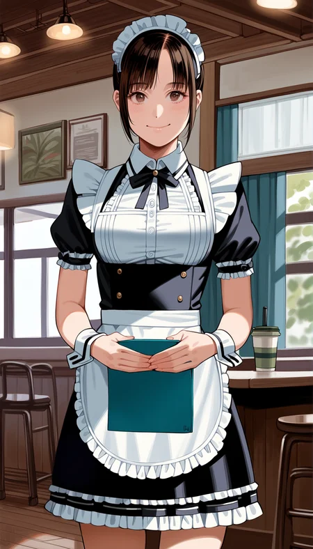score_9,score_8_up,score_7_up,
highly detailed,highres,photorealism,realistic,
<lora:miiyamotohikari:0.9>,miiyamotohikari,
1girl,solo,black hair,bangs,brown eyes,looking at viewer,smile,black maid clothes,maid headdress,wrist cuffs,bowtie,black ribbon,cowboy shot,
blurry background,indoors,cafe,wooden floor,window,