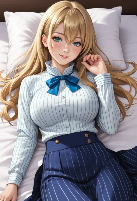 photorealistic, japanese girl, (1girl, long hair, large breasts, blush, smile, bangs, skirt, blonde hair, shirt, long sleeves, ribbon, hair between eyes, green eyes, white shirt, pinstripe shirt,aqua eyes, (blue skirt), blue ribbon, (long skirt)), large breast, lying on bed, hand up, pillow, bedroom, flower pattern on bed sheet, sexy pose, seductive smile, negative hand, Fix hand