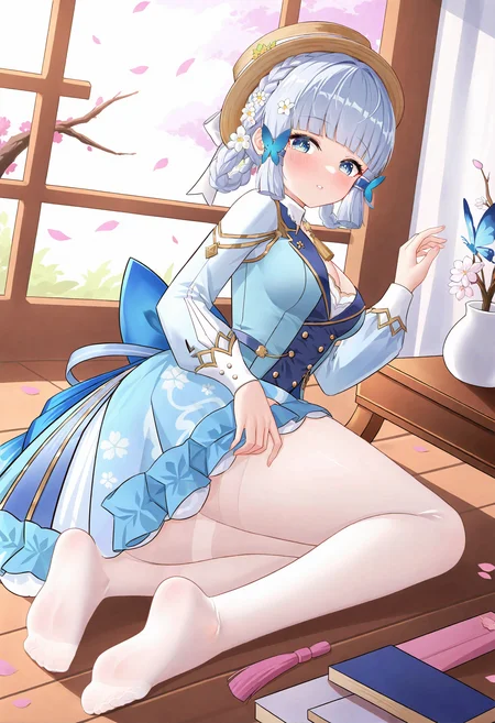 kamisato ayaka \(springbloom missive\), 1girl, kamisato ayaka, butterfly hair ornament, pantyhose, official alternate costume, soles, no shoes, feet, white pantyhose, hair ornament, blue eyes, solo, long sleeves, official alternate hairstyle, blunt tresses, braided hair rings, braid, looking at viewer, dress, toes, multicolored clothes, blue dress, brown headwear, ass, flower, puffy long sleeves, cherry blossoms, hair flower, see-through legwear, light blue hair, hat, blunt bangs, multicolored dress, blush, blue hair, breasts, puffy sleeves, blue butterfly, from behind, neck tassel, looking back, vision \(genshin impact\), medium breasts, clothes lift, parted lips, hair rings,
masterpiece,best quality,newest,absurdres,highres,very awa,<lora:jndfh3_noob1.1-000192:0.8>,