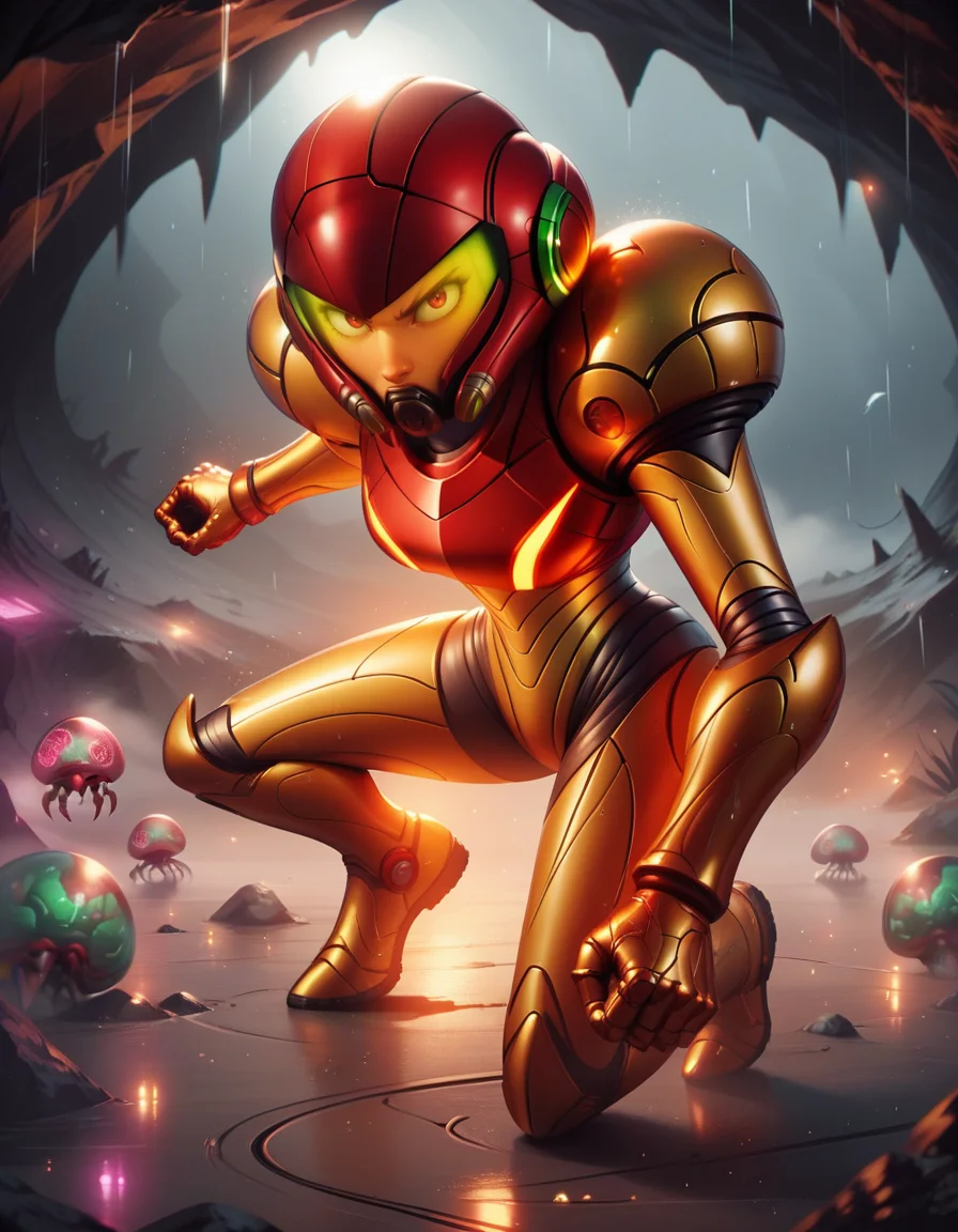 score_9, score_8_up, score_7_up,score_6_up, score_5_up, score_4_up ,1girl, solo, 
SamusDGarmor,
powersuit,    helmet,green  visor,
science fiction, rain, metroid \(creature\), galaxy, cave, night, dim lighting, 
clenched hands, 
eyes, pupils,
fog, 
fighting stance, battle, damaged, 
 <lora:Samus DALL E 3  PonyXL-000003:1>