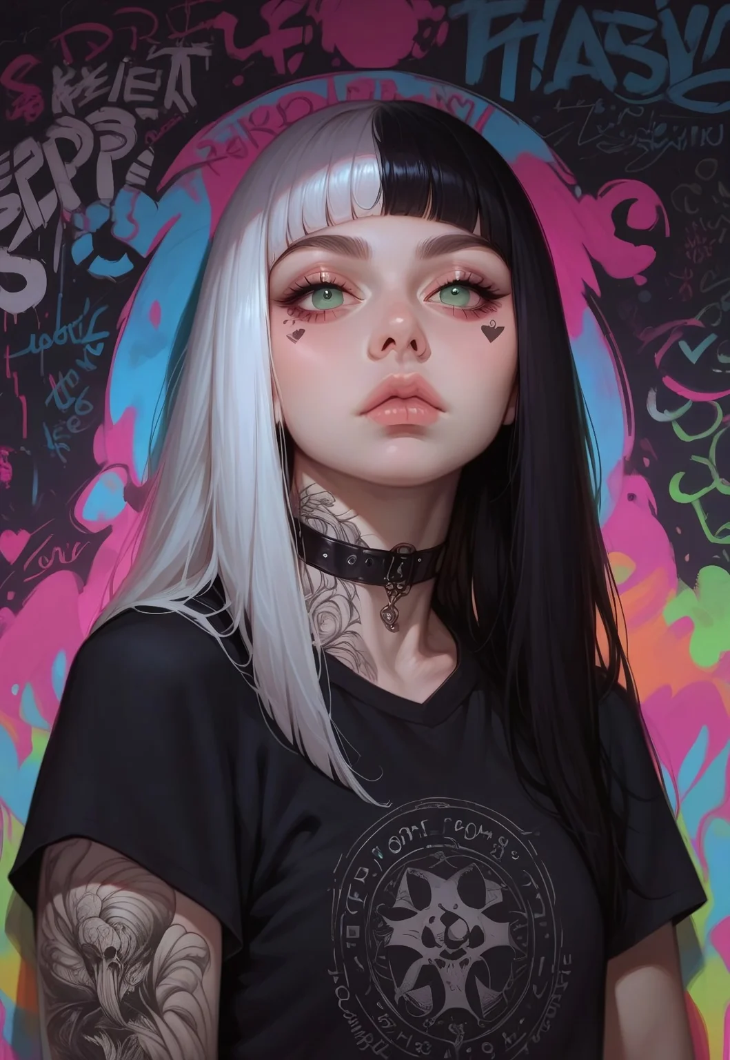 score_9_up, score_9, score_8_up, score_8, score_7_up, score_7, zPDXL3, g0th1c, morimee_style, cute face, colorful, photorealistic, 1girl, solo, pale skin, green eyes, expressionles, split-color hair, black hair, white hair, long hair, blunt bangs, choker, tattoo, standing, black t-shirt, looking at viewer, graffiti, mural, colorful background, portrait, source_cartoon, rating_safe