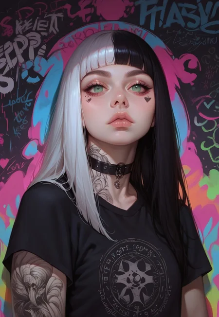 score_9_up, score_9, score_8_up, score_8, score_7_up, score_7, zPDXL3, g0th1c, morimee_style, cute face, colorful, photorealistic, 1girl, solo, pale skin, green eyes, expressionles, split-color hair, black hair, white hair, long hair, blunt bangs, choker, tattoo, standing, black t-shirt, looking at viewer, graffiti, mural, colorful background, portrait, source_cartoon, rating_safe