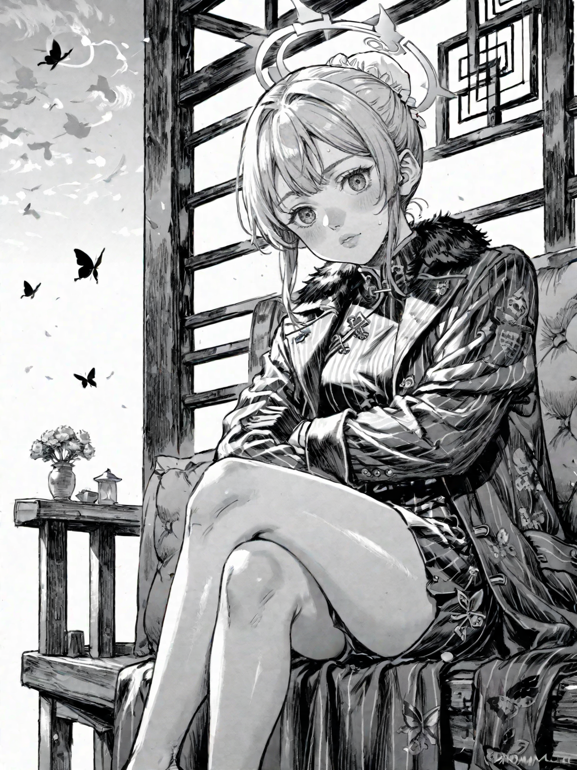 1girl black_dress black_gloves black_hair blush butterfly_hair_ornament china_dress chinese_clothes coat crossed_legs double_bun dragon_print dress gloves grey_coat grey_eyes grey_halo hair_bun hair_ornament halo long_hair open_clothes open_coat sitting sleeveless sleeveless_dress solo striped_coat twintails vertical-striped_coat
, <lora:Berserk:0.8>, score_9, score_8_up, score_7_up, zPDXL3, monochrome, greyscale