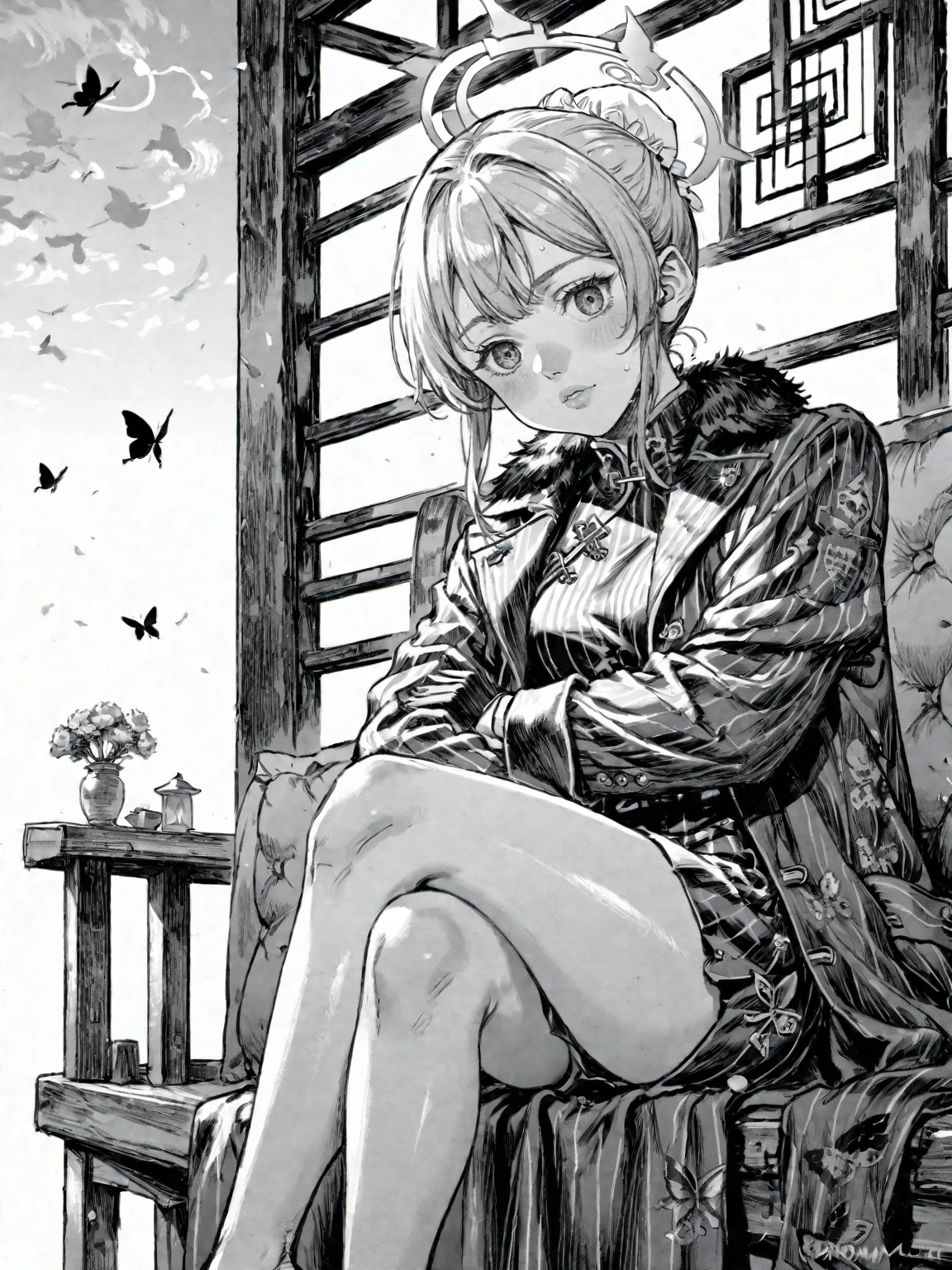 1girl black_dress black_gloves black_hair blush butterfly_hair_ornament china_dress chinese_clothes coat crossed_legs double_bun dragon_print dress gloves grey_coat grey_eyes grey_halo hair_bun hair_ornament halo long_hair open_clothes open_coat sitting sleeveless sleeveless_dress solo striped_coat twintails vertical-striped_coat
, <lora:Berserk:0.8>, score_9, score_8_up, score_7_up, zPDXL3, monochrome, greyscale