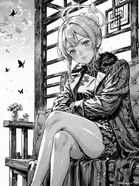 1girl black_dress black_gloves black_hair blush butterfly_hair_ornament china_dress chinese_clothes coat crossed_legs double_bun dragon_print dress gloves grey_coat grey_eyes grey_halo hair_bun hair_ornament halo long_hair open_clothes open_coat sitting sleeveless sleeveless_dress solo striped_coat twintails vertical-striped_coat
, <lora:Berserk:0.8>, score_9, score_8_up, score_7_up, zPDXL3, monochrome, greyscale