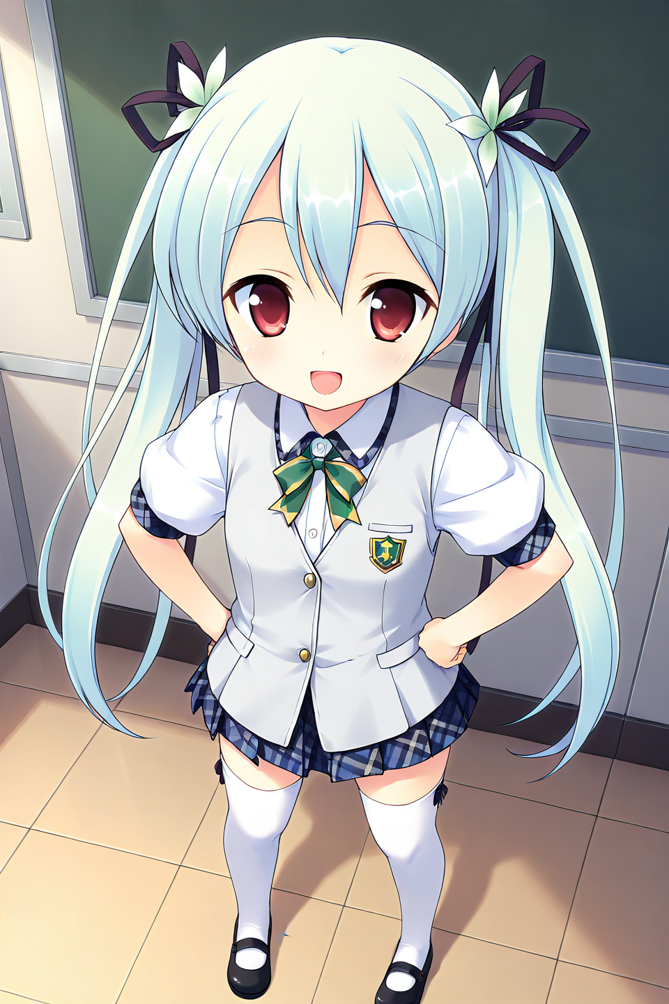 masterpiece, best quality, absurdres, official art, official style, general BREAK <lora:sawatarinanagi_IL_v1-2:0.7>, sawatari nanagi, 1girl, solo, red eyes, aqua hair, blue hair, hair between eyes, short hair, twintails, hair ribbon, black ribbon, hair flower, white flower, petite, flat chest, school uniform, grey vest, sweater vest, white shirt, collared shirt, green bowtie, buttons, puffy short sleeves, arm ribbon, green ribbon, blue skirt, miniskirt, plaid skirt, pleated skirt, legs, zettai ryouiki, white thighhighs, thigh ribbon, mary janes, loafers, black footwear, pigeon-toed, full body, open mouth, :d, happy, blush, looking at viewer, standing, from above, hands on hips, indoors, classroom