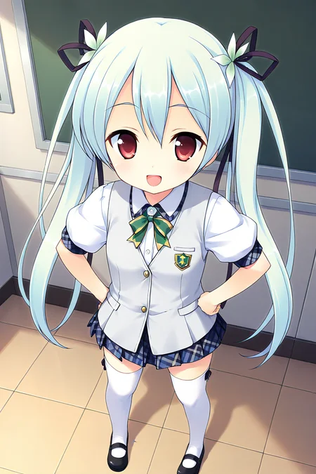 masterpiece, best quality, absurdres, official art, official style, general BREAK <lora:sawatarinanagi_IL_v1-2:0.7>, sawatari nanagi, 1girl, solo, red eyes, aqua hair, blue hair, hair between eyes, short hair, twintails, hair ribbon, black ribbon, hair flower, white flower, petite, flat chest, school uniform, grey vest, sweater vest, white shirt, collared shirt, green bowtie, buttons, puffy short sleeves, arm ribbon, green ribbon, blue skirt, miniskirt, plaid skirt, pleated skirt, legs, zettai ryouiki, white thighhighs, thigh ribbon, mary janes, loafers, black footwear, pigeon-toed, full body, open mouth, :d, happy, blush, looking at viewer, standing, from above, hands on hips, indoors, classroom
