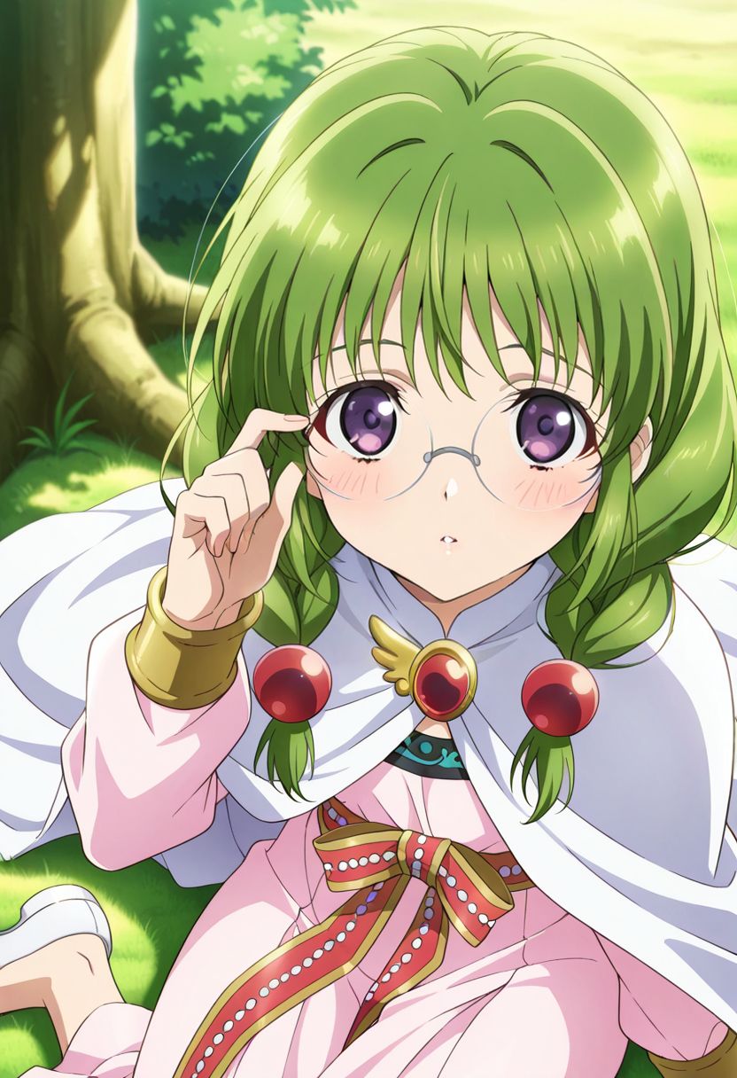 detailed eyes, beautiful, detailed background, perfect eyes,
source_anime, very aesthetic, anime coloring, masterpiece, official art,
<lora:HandFineTuning_XL:1>
BREAK,
forest, blurry background, light, flowers,
sitting, looking at viewer, removing round glasses, blush,
cowboy shot, from above,
BREAK,
<lora:philia_illustrious_v02:0.95>
todphilia, twin braids, green hair, purple eyes, long hair, hair bobbles, shoulder hair, 
half wing brooch, light pink dress, long dress, long sleeves, white cape, white waist cape, jewelry, red waist ribbon, green pattern,
white footwear, flat shoes, no socks,
