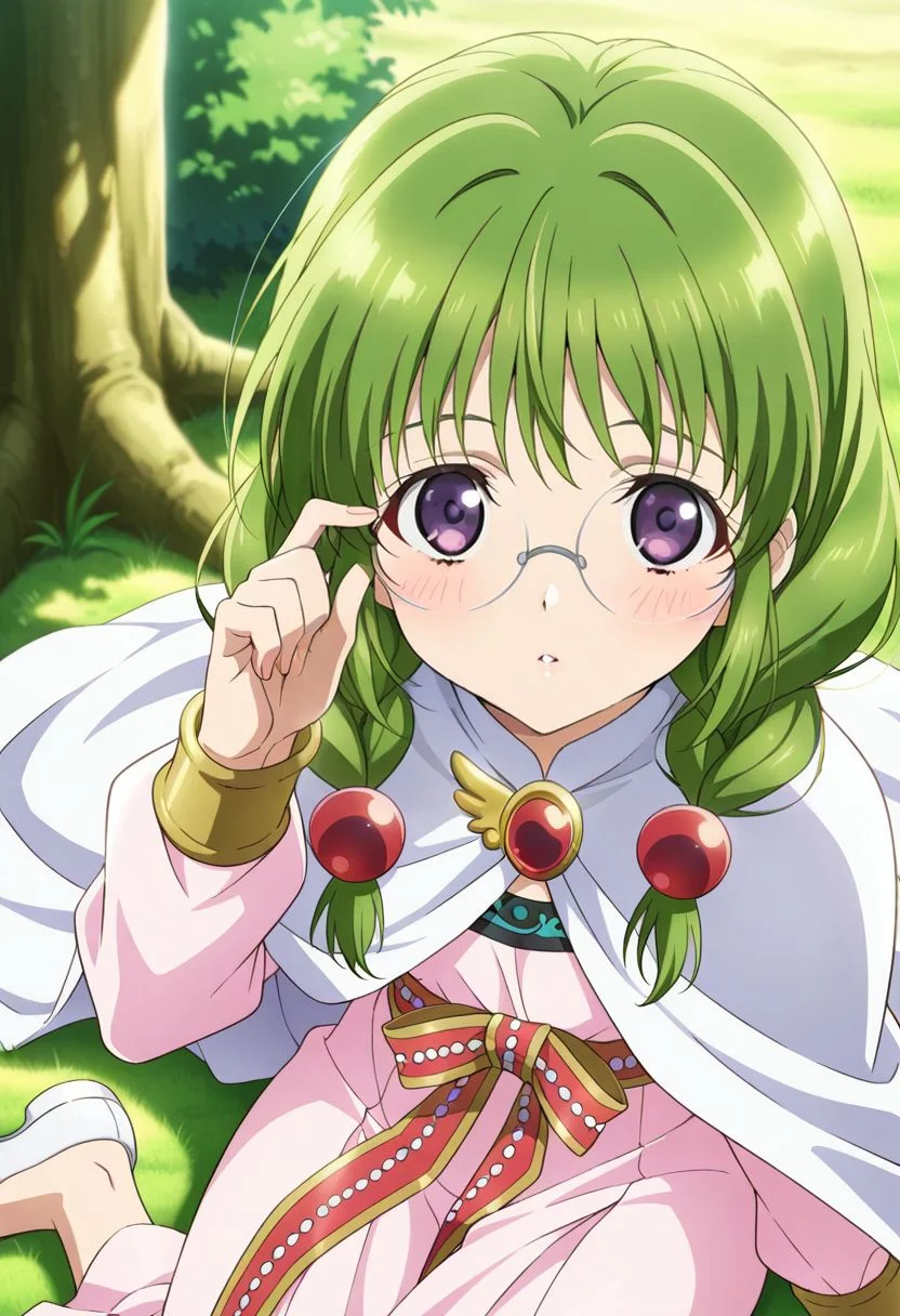 detailed eyes, beautiful, detailed background, perfect eyes,
source_anime, very aesthetic, anime coloring, masterpiece, official art,
<lora:HandFineTuning_XL:1>
BREAK,
forest, blurry background, light, flowers,
sitting, looking at viewer, removing round glasses, blush,
cowboy shot, from above,
BREAK,
<lora:philia_illustrious_v02:0.95>
todphilia, twin braids, green hair, purple eyes, long hair, hair bobbles, shoulder hair, 
half wing brooch, light pink dress, long dress, long sleeves, white cape, white waist cape, jewelry, red waist ribbon, green pattern,
white footwear, flat shoes, no socks,