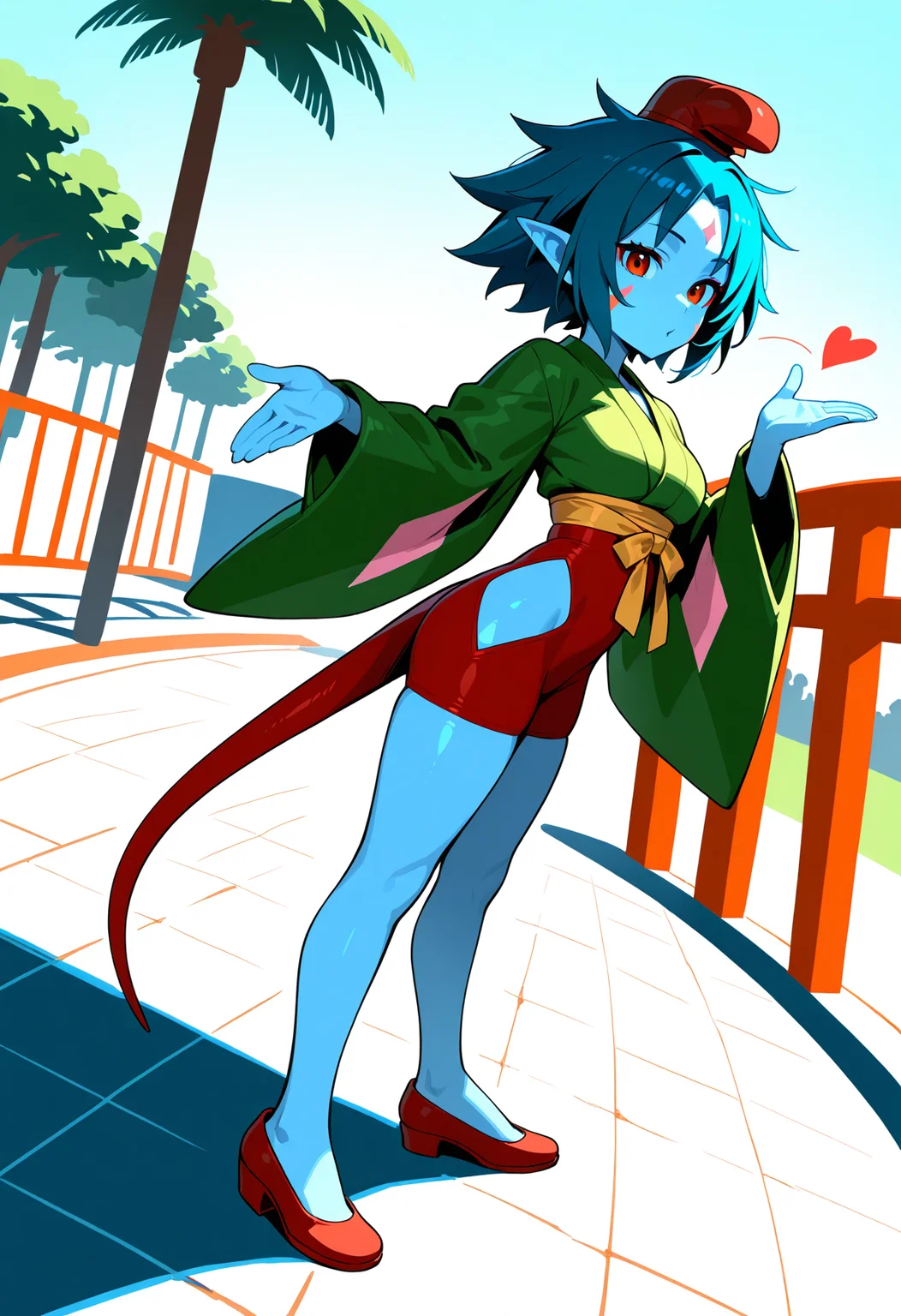 ponko, 1girl, solo, breasts, short hair, long sleeves, blue hair, green japanese clothes, pointy ears, wide sleeves, colored skin, clothing cutout, tail, facial mark, red footwear, red headwear, red eyes
BREAK
Standing, blowing kiss
BREAK
outside, theme park, stalls
BREAK
masterpiece,best quality,absurdres,very aesthetic,perspective, <lora:ponko_IL_Lora_v1:1>
