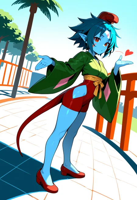 ponko, 1girl, solo, breasts, short hair, long sleeves, blue hair, green japanese clothes, pointy ears, wide sleeves, colored skin, clothing cutout, tail, facial mark, red footwear, red headwear, red eyes
BREAK
Standing, blowing kiss
BREAK
outside, theme park, stalls
BREAK
masterpiece,best quality,absurdres,very aesthetic,perspective, <lora:ponko_IL_Lora_v1:1>