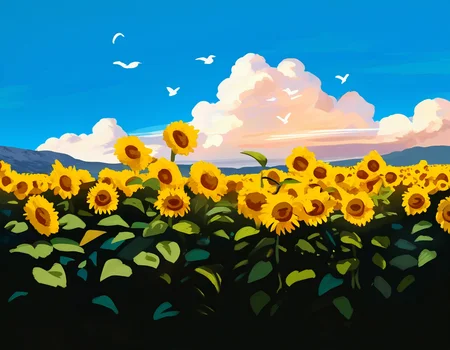 by carl newman, no-humans, sunflower, scenery, clouds, birds, masterpiece, best quality, newest, absurdres, highres