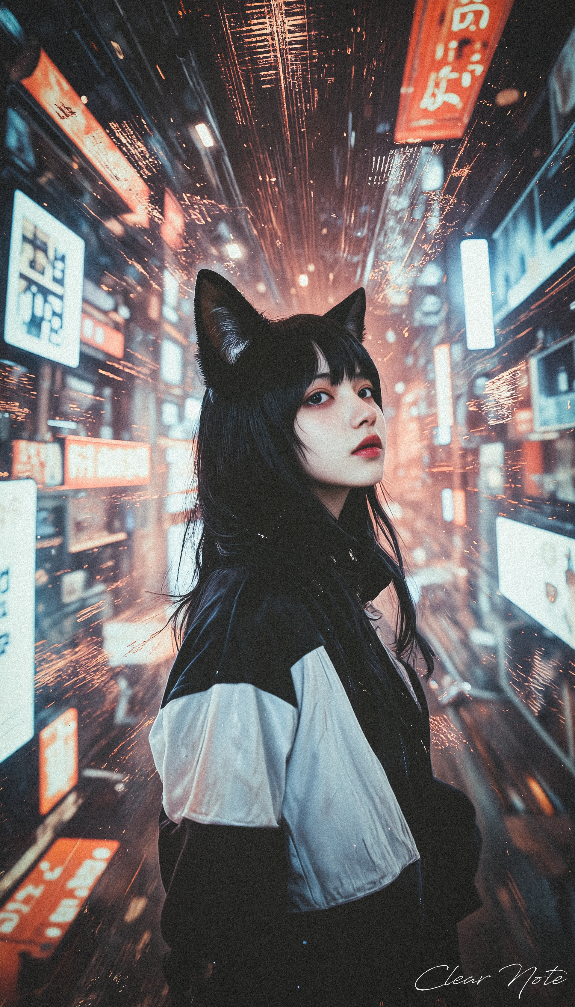 Neo Photorealistic Art Style, A Japanese girl with long fox ears and black hair dons a futuristic windbreaker, exuding a surreal, mystical aura. Amid a complex, high-tech Neo-Japan backdrop, she stands as a cutting-edge psychic, embodying enigmatic power and avant-garde fashion.