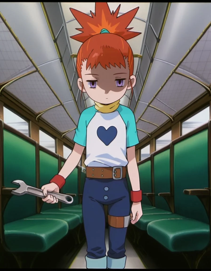 masterpiece, best quality, incoming attack, holding a single long wrench, solo, inside a train background, cowboy shot,
, skinny, shaded face, empty eyes, expressionless,
<lora:Mind_Controlled_Rika:1>, rik0, 1girl, orange hair, high ponytail, female child, purple eyes, raglan sleeves, yellow turtleneck, belt, blue pants, wristband, red footwear, pants rolled up,