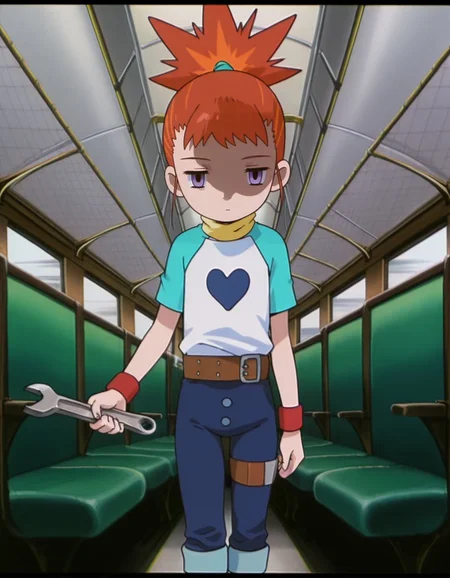 masterpiece, best quality, incoming attack, holding a single long wrench, solo, inside a train background, cowboy shot,
, skinny, shaded face, empty eyes, expressionless,
<lora:Mind_Controlled_Rika:1>, rik0, 1girl, orange hair, high ponytail, female child, purple eyes, raglan sleeves, yellow turtleneck, belt, blue pants, wristband, red footwear, pants rolled up,