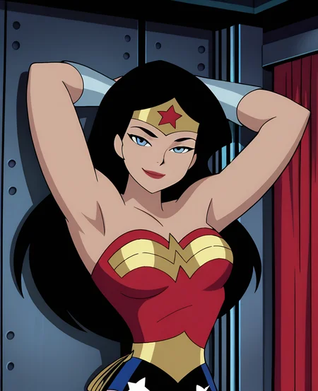 (masterpiece), (best quality), absurdres, highres, <lora:Wonder_Woman_ILLUS:1.2> , jlww, 1girl, long hair, blue eyes, black hair, tiara, leotard, star print, vambraces, red lips, smile, looking at viewer, half-closed eyes, arms behind head, armpits,