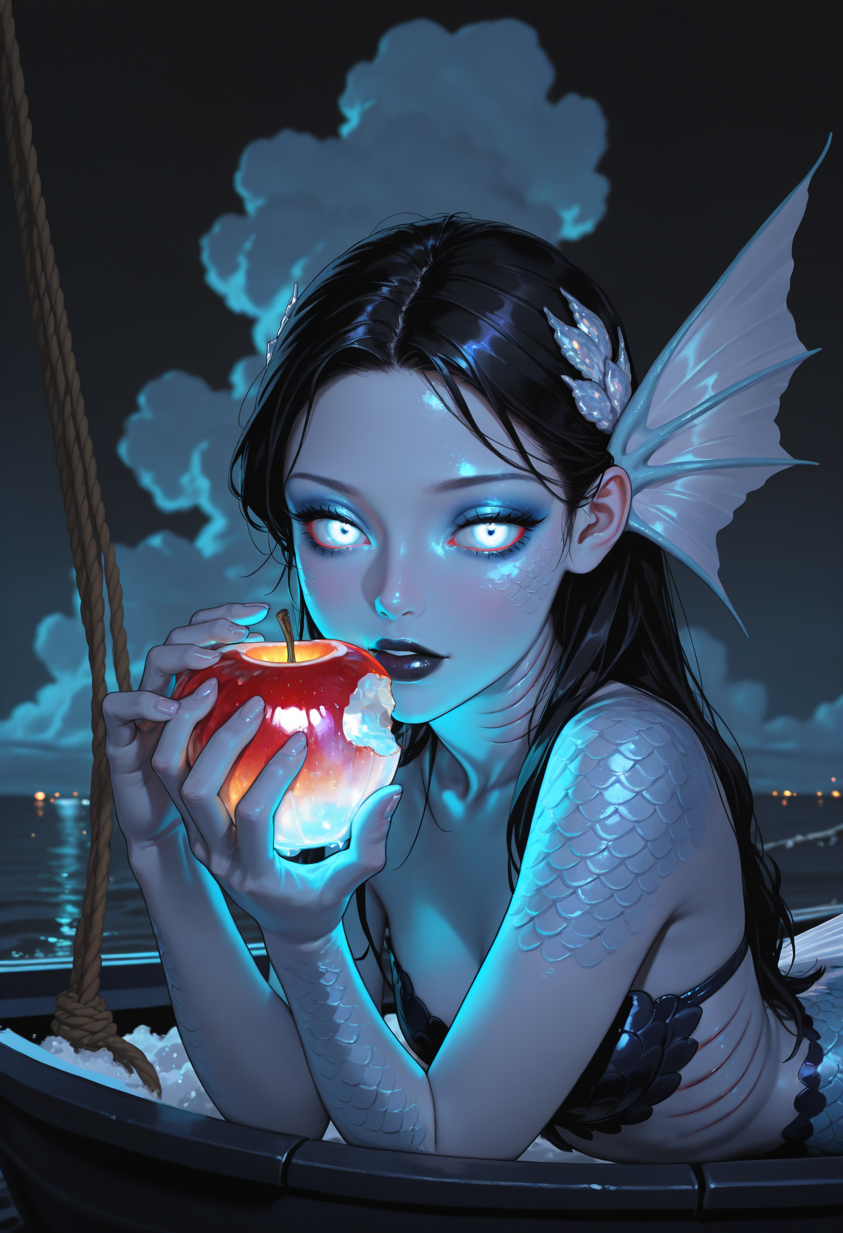 (high_quality, newest, incredibly_absurdres, very aesthetic, zbrush_\(artwork\), depth_of_field, grainy_texture, 5_fingers, digital_painting_\(artwork\), flat_colors, anime_coloring)
(MMC-Illu, portrait, dark_theme, night, milkyway, white_eyes, pale_skin, black_lips, makeup, eyeshadow, white_eyes, head_fins, seductive, thick_lips, gem, rope, fishnet, fins, black_scales, gills, hair_ornament, wind_lift, sea_foam, cumulonimbus_cloud, mermaid, 1girl, monster girl, black hair, solo, long hair, water, boat, two_tone_scales, holding apple, watercraft, scales, looking at viewer, from above)