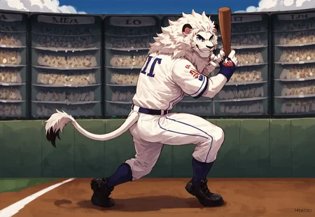 Score_7_up, score_8_up, solo male, seibuleo, lion, white fur, baseball uniform, full body, holding baseball bat, batting stance, smile, baseball stadium, stadium setting, batter position, looking offscreen, hitter stance, playing baseball, baseball field,