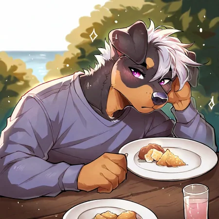 <lora:f-r95_v2_Style_PonyXL:0.78> by f-r95, f-r95,  score_9, score_8_up, score_7_up, score_6_up, score_5_up, score_4_up, source_furry, rating_safe, rottweiler, silver hair, pink eyes, lavender body, clothed, clothing, detailed background, in a river, lying on table, male, rating_safe, 5 fingers,