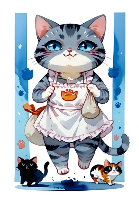 score_7_up, score_8_up, score_9, (full body:1.15), cat, animal kitten, chibi animal cat, Kus1cat, Chibi Art Style, furr,
cute cat, game character, very cute, chef, watercolor style, watercolor,
(gray striped cat with an apron running with a sack of flour:1.21),
(cute kitchen detailed background:1.23), HQ,