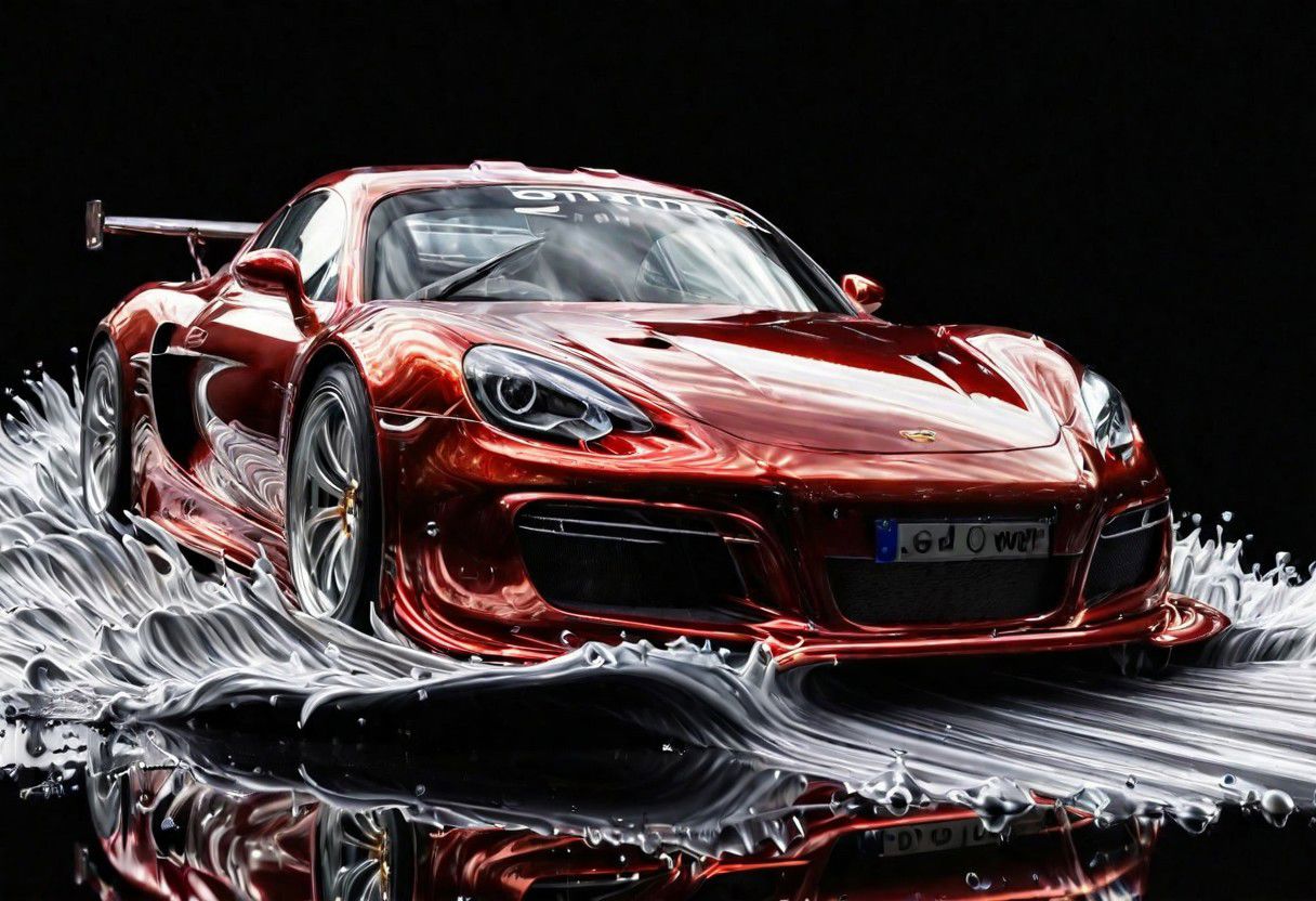 RED sports car, race car, racing through SILVER LIQUID METAL, liquid metal sprays up from the cars tyres, Car drifting sidewys in a black void