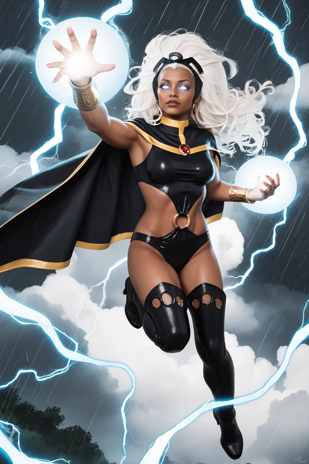score_9, score_8_up, score_7_up, masterpiece, high quality
<lora:Storm ClassicPonyLoRA:0.8>strm, dark-skinned female, long hair, white eyes, no pupils, glowing eyes, headgear, tiara, cape, bracer, leotard, o-ring, highleg, thighs, thigh boots, lightning, flying, electricity, rain, magic, energy ball
