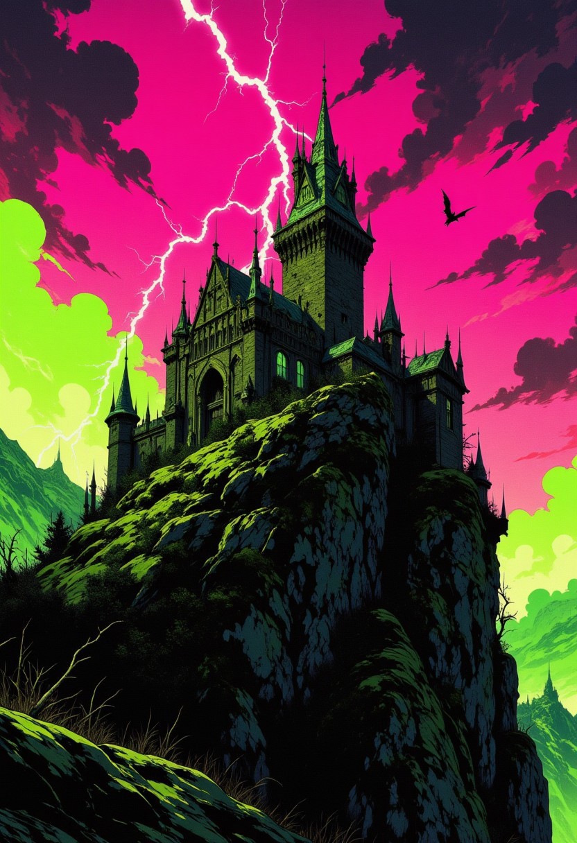 An old abandoned castle upon a hill, magenta and limegreen skies, lightning strikes, a silhouette of a bat on the horizon, setting sun, vignette, highly detailed, high budget, bokeh, cinemascope, moody, epic, gorgeous, film grain, grainy,anime, cyberpunk, Comic book style, CAICO