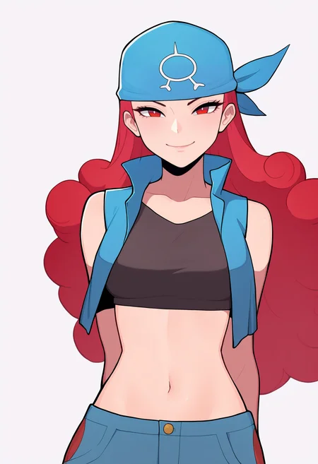 masterpiece, best quality, very aesthetic, absurdres,
1girl, shelly, 1girl, long hair, red hair, red eyes,
bandana, crop top, vest, open clothes, navel, midriff, blue pants,
upper body, arms behind back,
smile, looking at viewer, solo, simple background, white background, <lora:ShellyNoobXL_byKonan:1>