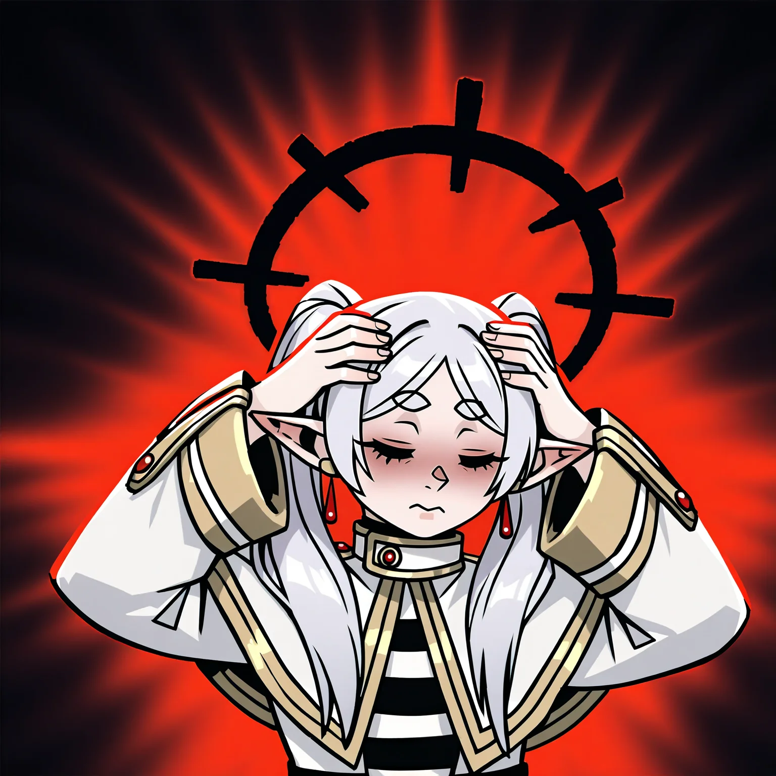 masterpiece, best quality, very aesthetic, absurdres BREAK
1girl, frieren, green eyes, grey hair, twintails, pointy ears, eyebrows, white capelet,
affliction, black halo, hands on own head, closed eyes, pain,
upper body, solo, red background, black background <lora:AfflictionIllustriousXL_byKonan:1>