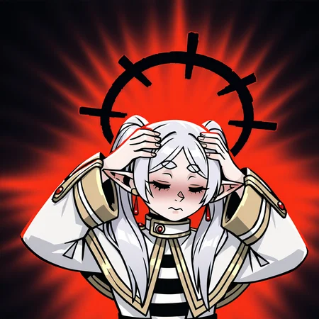 masterpiece, best quality, very aesthetic, absurdres BREAK
1girl, frieren, green eyes, grey hair, twintails, pointy ears, eyebrows, white capelet,
affliction, black halo, hands on own head, closed eyes, pain,
upper body, solo, red background, black background <lora:AfflictionIllustriousXL_byKonan:1>