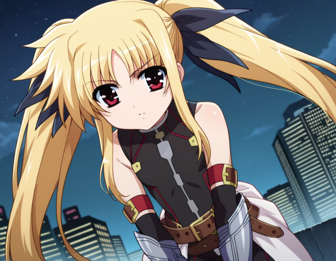 score_9, score_8_up, score_7_up, source_anime,
fatetestarossa, <lora:fate-testarossa-movie2-ponyxl-lora-nochekaiser:1>,
fate testarossa, long hair, blonde hair, red eyes, twintails, hair ribbon,
gloves, belt, bodysuit, magical girl, gauntlets,
outdoors, cityscape, night, bent over,
looking at viewer, dutch angle, cowboy shot,