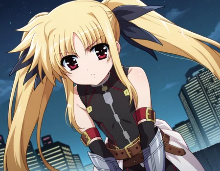 score_9, score_8_up, score_7_up, source_anime,
fatetestarossa, <lora:fate-testarossa-movie2-ponyxl-lora-nochekaiser:1>,
fate testarossa, long hair, blonde hair, red eyes, twintails, hair ribbon,
gloves, belt, bodysuit, magical girl, gauntlets,
outdoors, cityscape, night, bent over,
looking at viewer, dutch angle, cowboy shot,