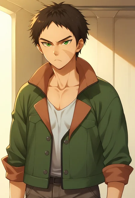 score_9, score_8_up, score_7_up, source_anime, highly detailed, 
aston, 1boy, male focus, solo, black hair, scar, green eyes, upper body, jacket, green jacket, standing, pants, frown,
indoor, hangar,