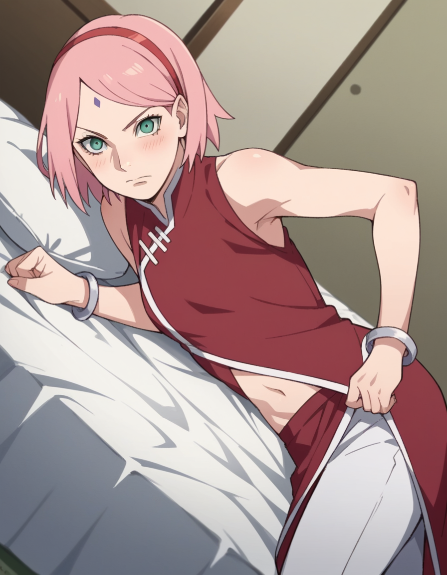 score_9, score_8_up, score_7_up, source_anime,
sakuraharuno, <lora:sakura-haruno-boruto-anime-ponyxl-lora-nochekaiser:1>,
sakura haruno, short hair, green eyes, pink hair, hairband, facial mark, forehead mark, red hairband,
navel, bare shoulders, jewelry, sleeveless, pants, bracelet, dress, red dress,
indoors, bed, bed room, on side, blush, drunk,
solo, dutch angle, looking at viewer, cowboy shot,