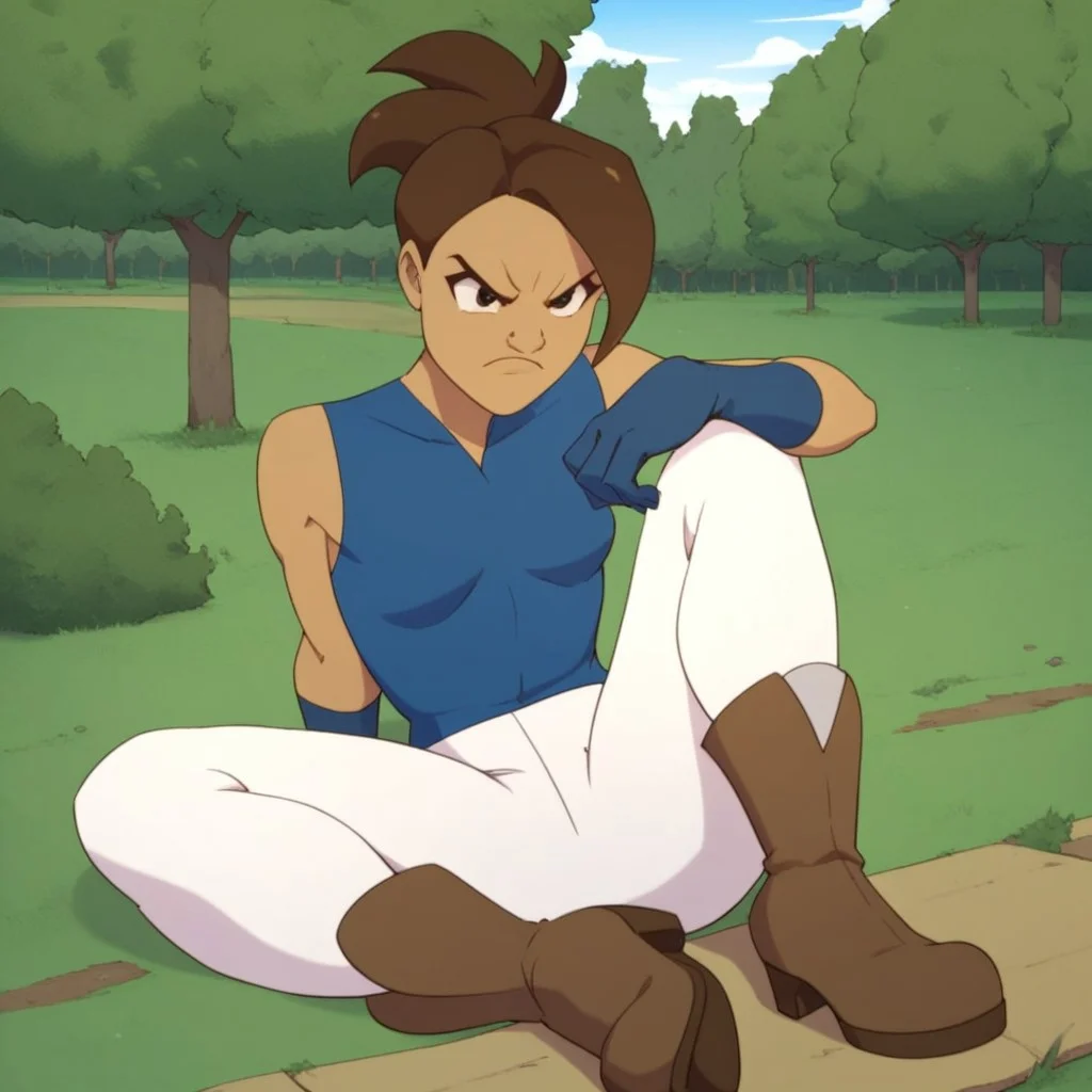 score_9,score_8_up,score_7_up,(masterpiece), best quality, expressive eyes, amazing quality, solo, 1girl, closed mouth, small breasts, boots, white pants, angry, brown hair, sitting, outside, park, gloves