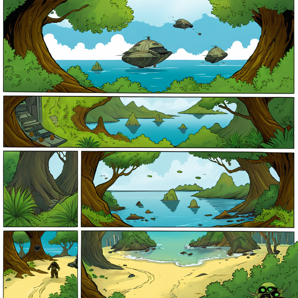 comic book art of  <lora:comicbookpage style:0.8> comicbookpage style
 <lora:xl_more_art-full_v1:0.8>
 <lora:add-detail-xl:1>
 <lora:detailed:0.3>
<lora:perfection style:0.3>
a cartoon comic book page of
 <lora:Kashyyyk:1> Kashyyyk, comic art, graphic novel illustration